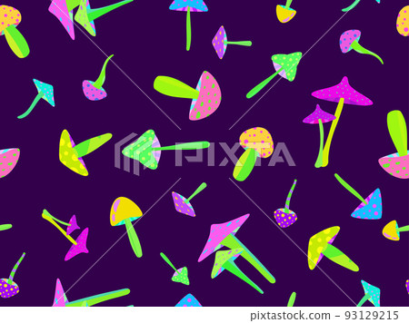 Psychedelic mushrooms seamless pattern. Acid trip, bright colorful mushrooms in the style of the 80s. Trippy magic mushrooms. Design for posters, banners and promotional items. Vector illustration 93129215