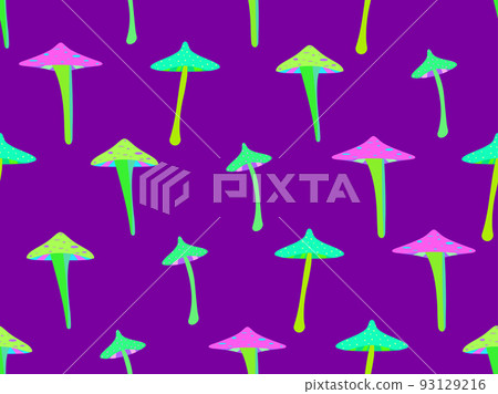 Psychedelic mushrooms seamless pattern. Acid trip, bright colorful mushrooms in the style of the 80s. Trippy magic mushrooms. Design for posters, banners and promotional items. Vector illustration 93129216