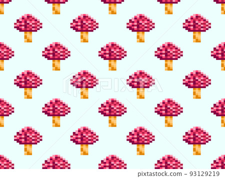 Mushrooms pixel art style seamless pattern. 8 bit mushroom in 2D retro style. Design for printing, wrapping paper and advertising. Vector illustration 93129219