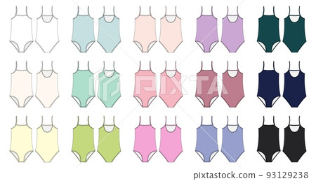 Swimsuit technical sketch set in diffirent color. Women swimming clothes collection. 93129238