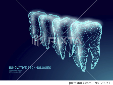 Low poly tooth protection medical concept. Whitening toothpaste enamel reconstruction healthcare. Polygonal healthy dentistry procedure glowing arrow around tooth vector illustration 93129935