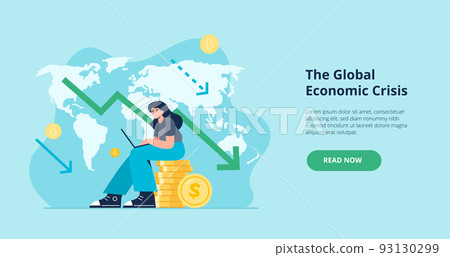 Losing money concept. Financial and economic crisis. A young woman loses his money due gloval crisis. Vector flat illustration from landing page or banner. 93130299
