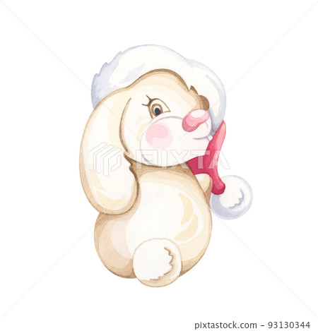 Cute bunny with a red hat. Watercolor illustration. 93130344