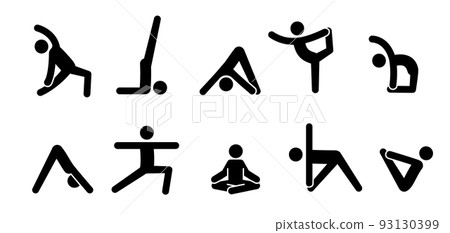 Yoga pictogram icon people. Yoga pose, meditate practice, sport exercise pictogram man set. Health, meditate symbol. 93130399