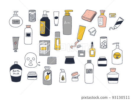 Hand-drawn illustration set of toiletries: bottles, creams, beauty products 93130511