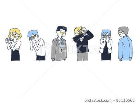 感到羞恥和缺乏自信的人，滑稽的手繪人物，矢量圖，溫暖的線條畫 93130563