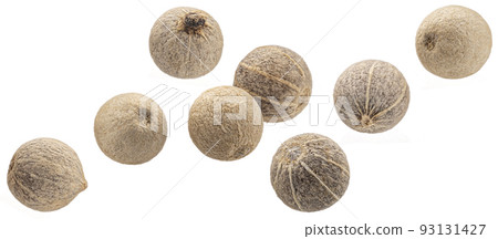 Falling white peppercorns isolated on white background 93131427