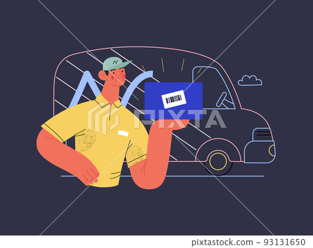Express delivery - Online shopping and electronic commerce series - modern flat vector concept illustration of a delivery man with a box and van. Shipment, sale and online orders concept Express delivery - Online shopping and electronic commerce series - modern flat vector concept illustration of a delivery man with a box and van. Shipment, sale and online orders concept 93131650