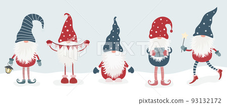 Set of cute christmas scandinavian gnomes isolated on white background. Vector illustration in flat cartoon style. 93132172