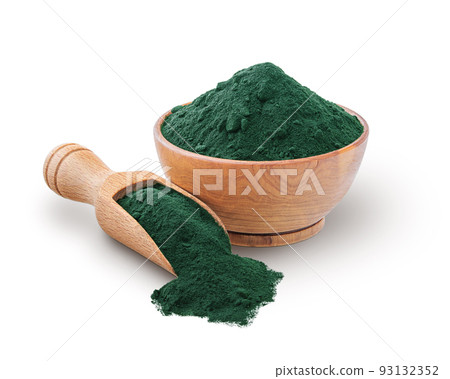 Wooden scoop and bowl full of spirulina powder isolated on white 93132352