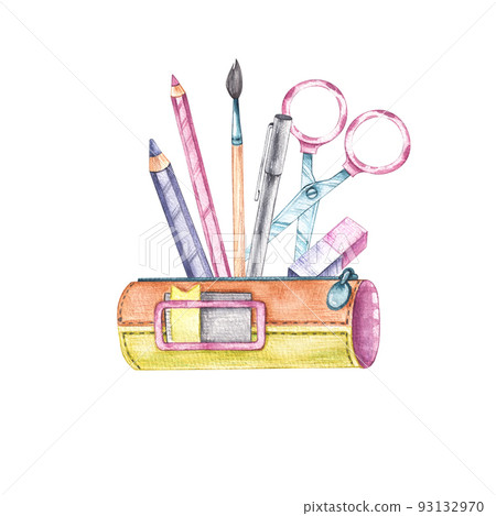 Watercolor pencil case with stationery back to school Watercolor pencil case with stationery back to school 93132970