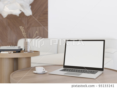 Laptop with blank white screen, on wooden table at home. Computer mock up. Free, copy space for app, game, web site presentation. Empty laptop screen ready for your design. Modern interior. 3D render. Laptop with blank white screen, on wooden table at home. Computer mock up. Free, copy space for app, game, web site presentation. Empty laptop screen ready for your design. Modern interior. 3D render. 93133141
