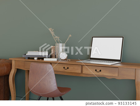 Laptop with blank white screen, on wooden table at home. Computer mock up. Free, copy space for app, game, web site presentation. Empty laptop screen ready for your design. Modern interior. 3D render. Laptop with blank white screen, on wooden table at home. Computer mock up. Free, copy space for app, game, web site presentation. Empty laptop screen ready for your design. Modern interior. 3D render. 93133145