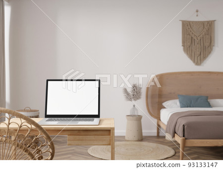 Laptop with blank white screen, on wooden table at home. Computer mock up. Free, copy space for app, game, web site presentation. Empty laptop screen ready for your design. Modern interior. 3D render. Laptop with blank white screen, on wooden table at home. Computer mock up. Free, copy space for app, game, web site presentation. Empty laptop screen ready for your design. Modern interior. 3D render. 93133147