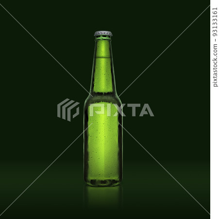 3D render. Single green beer bottle without brand designation. Full glass bottle covered with water drops against green illuminated background. Alcoholic drinks and refreshment concept 93133161