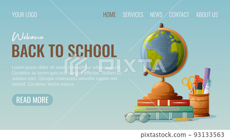 Desktop globe with books, glasses, stand with stationery. Welcome back to school, web template 93133563