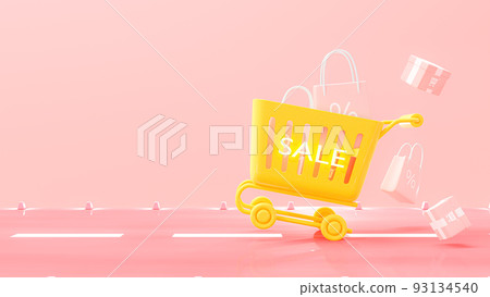 Yellow shopping cart on pink street. 93134540