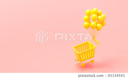 Balloon pull yellow shopping cart float up on pink background. 93134541