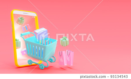 Shopping cart blue color and gifts and shopping bags come out of yellow smartphone. 93134543