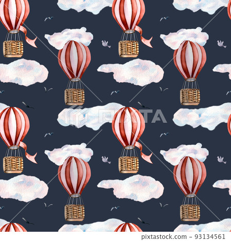 Retro hot air balloons vintage style watercolor illustration seamless pattern on dark. Retro hot air balloons vintage style watercolor illustration seamless pattern on dark. 93134561