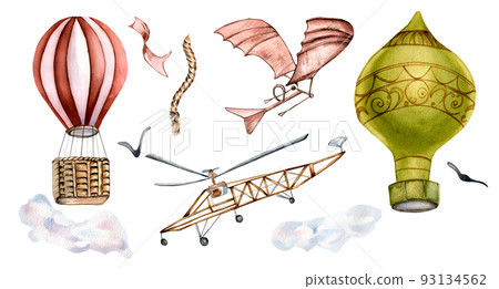 Set of ancient airplanes, hot air baloon watercolor illustration isolated. Set of ancient airplanes, hot air baloon watercolor illustration isolated. 93134562