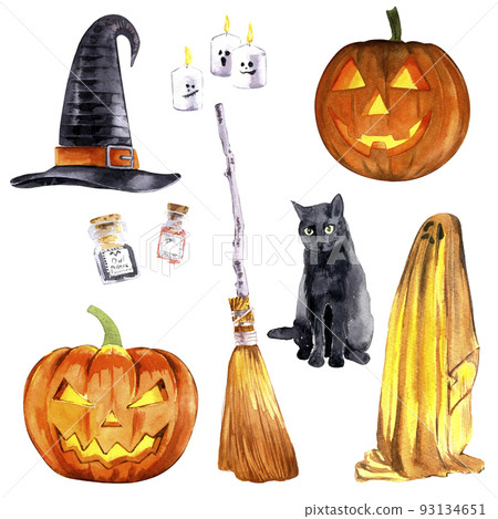 Happy Halloween big collection with kitty character, party garlands, various holiday symbols. Hand drawn watercolour painting on white, clip art graphic elements for creative design, printable decor. 93134651