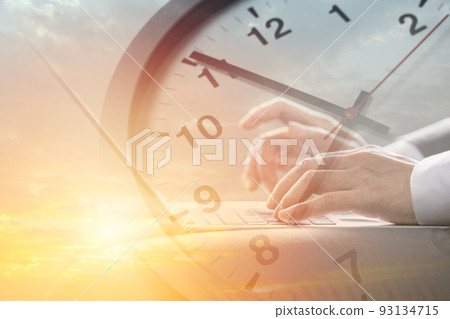 Business working times concept people work typing on laptop computer overlay with in time clock to lunch break Business working times concept people work typing on laptop computer overlay with in time clock to lunch break 93134715