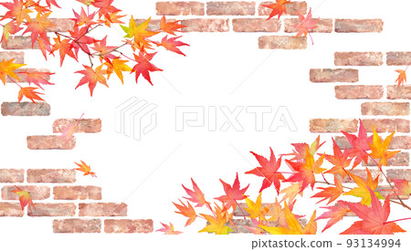 A watercolor illustration of colored maples against a background of a natural brick wall. Autumn botanical decorative frame. background, wallpaper 93134994