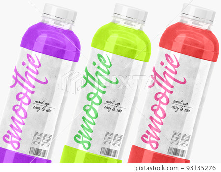 Smoothie bottles with label design. Realistic set of clear plastic containers with fruit or vegetable drinks, cocktails. Blueberry, apple with spinach and strawberry shake. Packaging mockup, 3d render 93135276