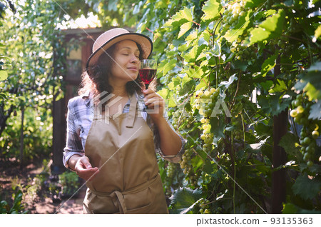 Charming curly haired woman in a straw hat tasting homemade wine, standing in the backyard near vineyards on an early autumn harvest day. Grapes harvest. Viticulture. Wine industry. Organic farming 93135363