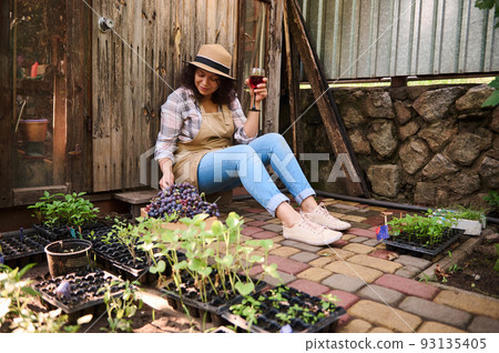 Beautiful Hispanic woman, viticulturist tasting delicious homemade wine, sitting near a wooden crate full of harvested crop of organic grapes at vineyard, at sunset time. Vine grower. Viticulture 93135405