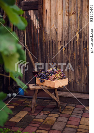 Wooden box with variety of harvested grapes and glass of homemade red wine on backless stool on wood background. Vine with ripening grapes in blurred foreground. Still life. Viticulture. Harvest time 93135442