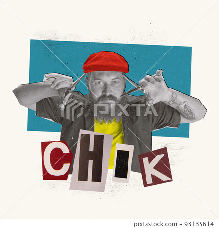 Contemporary art collage. Man, barber, hairdresser posing with professional tools, scissors. Male fashion and style Contemporary art collage. Man, barber, hairdresser posing with professional tools, scissors. Male fashion and style 93135614