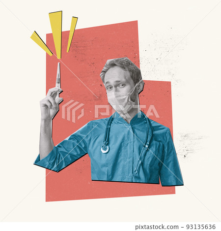 Contemporary art collage. Young man, doctor, medical worker in uniform with syringe. Vaccination time 93135636
