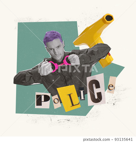 Contemporary art collage. Young man, policeman officer in uniform holding pink handcuffs Contemporary art collage. Young man, policeman officer in uniform holding pink handcuffs 93135641