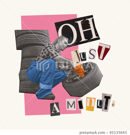 Contemporary art collage. Young woman, auto mechanic worker changing wheel at auto service. Gender equality 93135643