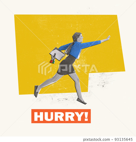 Contemporary art collage. Young female journalist running with miscrophone to take an interview Contemporary art collage. Young female journalist running with miscrophone to take an interview 93135645
