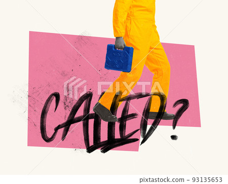 Contemporary art collage. Silhouette of man in yellow worksuit with tool case on duty. Home repair services Contemporary art collage. Silhouette of man in yellow worksuit with tool case on duty. Home repair services 93135653