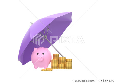 3D. Piggy bank with coins under an purple umbrella. 3D. Piggy bank with coins under an purple umbrella. 93136489
