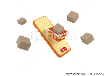shopping baskets and parcel box with cart image on box float in the air above a smartphone for online shopping concept shopping baskets and parcel box with cart image on box float in the air above a smartphone for online shopping concept 93136557
