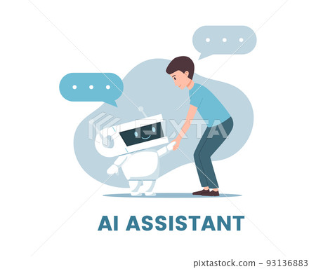 AI assistant robot helping a man, cartoon flat vector illustration isolated. AI assistant robot helping a man, cartoon flat vector illustration isolated. 93136883