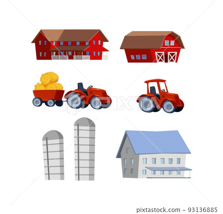 Farming and agriculture set with barns and tractors, flat vector isolated. Farming and agriculture set with barns and tractors, flat vector isolated. 93136885
