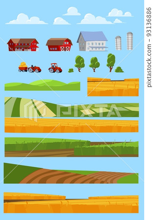 Agricultural farm and field collection, flat vector illustration isolated. Agricultural farm and field collection, flat vector illustration isolated. 93136886
