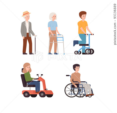 Set of people using different orthopedic equipment flat style Set of people using different orthopedic equipment flat style 93136889