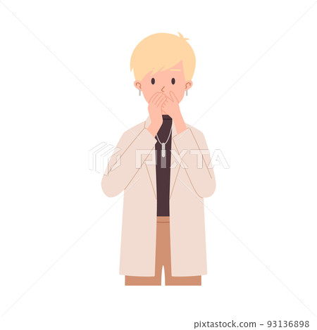 Surprised woman covers her mouth with hands, flat vector illustration isolated. Surprised woman covers her mouth with hands, flat vector illustration isolated. 93136898