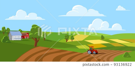 Farm field with sunny meadow, rural house and barn, countryside landscape flat vector illustration. 93136922