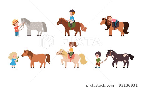 Set of illustrations, kids learning to ride a horse, vector flat illustration 93136931