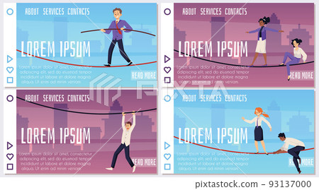 Man, woman walking on tightrope, rope, set horizontal home page, vector flat illustrations. Man, woman walking on tightrope, rope, set horizontal home page, vector flat illustrations. 93137000