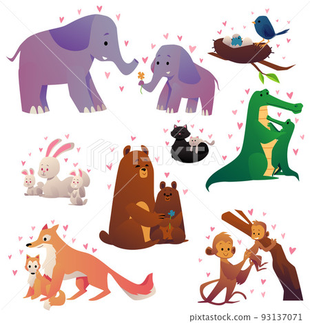 Set of animal families mothers and children flat vector illustration isolated. Set of animal families mothers and children flat vector illustration isolated. 93137071