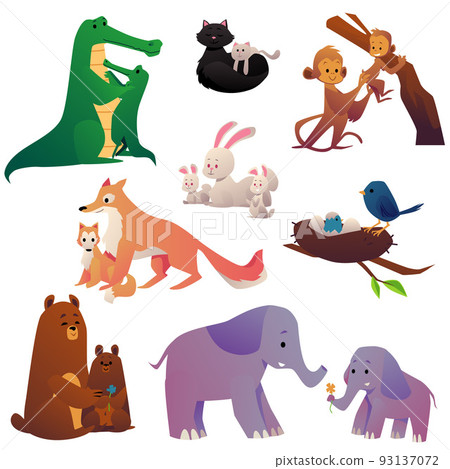 Animals mothers and children characters set flat vector illustration isolated. Animals mothers and children characters set flat vector illustration isolated. 93137072